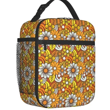 Изолированная сумка для ланча с оранжевым цветочным узором в стиле ретро 70-х, современная богемная сумка-холодильник середины века, термальная коробка для Бенто, кемпинг