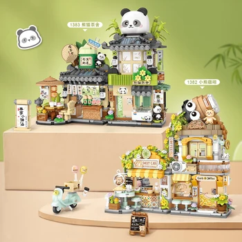 Креативный Чайный домик с пандой, Маленький Медвежонок, кафе-магазин, мини-складной строительный блок с видом на улицу, Игрушки для домашнего декора, подарки для детей