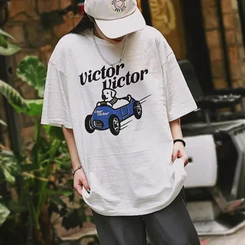 Мужские хлопчатобумажные футболки, сделанные человеком, Японский летний ретро-принт с собачьими бегами, Женские повседневные футболки с круглым вырезом, Свободные топы с короткими рукавами
