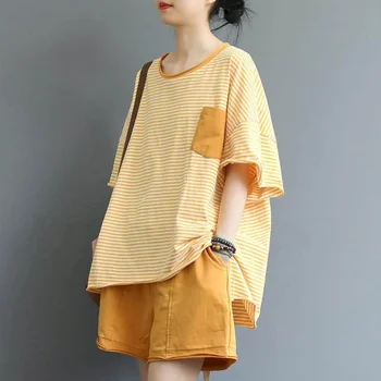 Комплект с шортами, летний полосатый комплект из двух предметов, повседневные женские костюмы в корейском стиле, Свободная футболка с коротким рукавом и шорты, одежда для бега