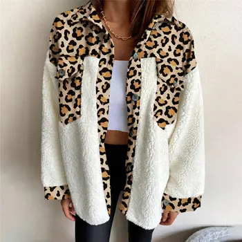 Женский Леопардовый свитер из шерпы, Пушистый плюшевый флисовый кардиган, Леопардовая теплая рубашка, Женская зимняя уличная одежда