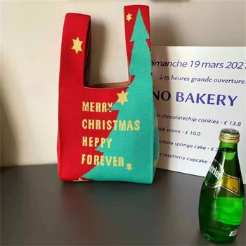 2023 Новая Рождественская вязаная сумка Модная студенческая мини-сумка на запястье с узлом, женские многоразовые сумки для покупок, тканая сумка, подарочная упаковка, сумка
