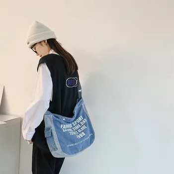 Женская джинсовая сумка через плечо с надписью, холщовая сумка для студентов колледжа, новая модная сумка через плечо, женская сумка для покупок